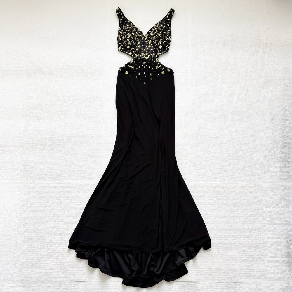 Alyce Paris Formal Gown Embellished Cutout Open Back Size 0 Black Gold